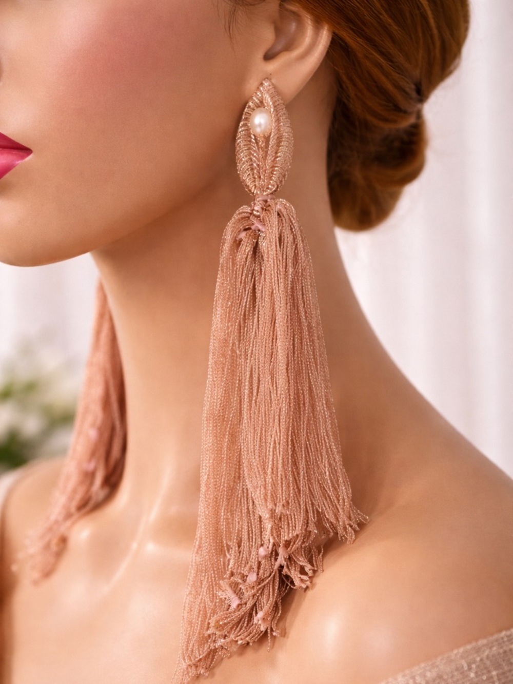 Long lace Rose Gold Lace Tassel Earrings with Hidden Pearl | Elegant Statement